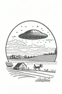 A UFO hovering over a farm at night, with mysterious lights beaming down onto a field of cows tattoo design idea