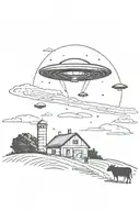 A UFO hovering over a farm at night, with mysterious lights beaming down onto a field of cows tattoo design idea
