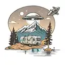 A camper gazing up at a UFO in the night sky over a mountain lake tattoo design idea