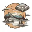 A camper gazing up at a UFO in the night sky over a mountain lake tattoo design idea