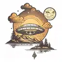 A camper gazing up at a UFO in the night sky over a mountain lake tattoo design idea