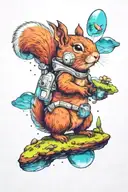 An small astronaut squirrel exploring an alien planet landscape with a neon lake, crystal and small glowing flora tattoo design idea