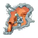 Create a black-grey tattoo of a robot playing a saxophone on an alien planet landscape tattoo design idea