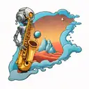 Create a black-grey tattoo of a robot playing a saxophone on an alien planet landscape tattoo design idea