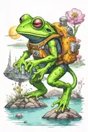 An astronaut frog with a helmet exploring an alien planet landscape with a lake, crystal forms and small glowing flora tattoo design idea