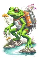 An astronaut frog with a helmet exploring an alien planet landscape with a lake, crystal forms and small glowing flora tattoo design idea