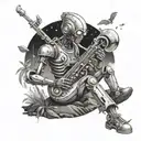 Create a black-grey tattoo of a robot playing a saxophone on an alien planet landscape tattoo design idea