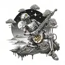 Create a black-grey tattoo of a robot playing a saxophone on an alien planet landscape tattoo design idea