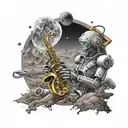 Create a black-grey tattoo of a robot playing a saxophone on an alien planet landscape tattoo design idea