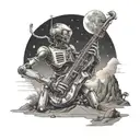 Create a black-grey tattoo of a robot playing a saxophone on an alien planet landscape tattoo design idea