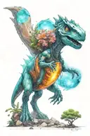 A small astronaut Dino exploring an alien planet landscape with towering crystal formations and small glowing flora tattoo design idea