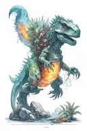 A small astronaut Dino exploring an alien planet landscape with towering crystal formations and small glowing flora tattoo design idea