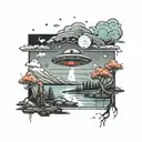 Ufo Abduction In A Lake Landscape Tattoo Idea tattoo design idea