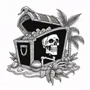 A skeleton pirate guarding a treasure chest on a tropical island tattoo design idea