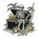 A skeleton pirate guarding a treasure chest on a tropical island tattoo design idea