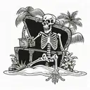 A skeleton pirate guarding a treasure chest on a tropical island tattoo design idea