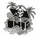 A skeleton pirate guarding a treasure chest on a tropical island tattoo design idea