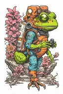 An astronaut frog exploring an alien planet landscape with towering crystal formations and glowing flora tattoo design idea