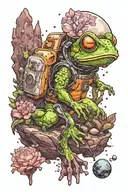An astronaut frog exploring an alien planet landscape with towering crystal formations and glowing flora tattoo design idea