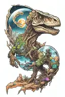 A small astronaut dinosaur exploring an alien planet landscape with towering crystal formations and small glowing flora tattoo design idea