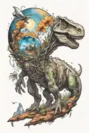 A small astronaut dinosaur exploring an alien planet landscape with towering crystal formations and small glowing flora tattoo design idea
