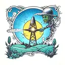 A neotraditional tattoo of an alien abduction beam shining down on a scarecrow in a farm field tattoo design idea