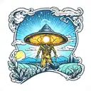 A neotraditional tattoo of an alien abduction beam shining down on a scarecrow in a farm field tattoo design idea