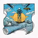A neotraditional tattoo of an alien abduction beam shining down on a scarecrow in a farm field tattoo design idea