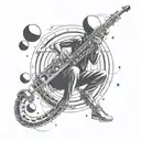 A futuristic alien saxophonist floating in zero gravity with planets as musical notes tattoo design idea