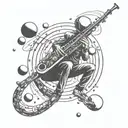 A futuristic alien saxophonist floating in zero gravity with planets as musical notes tattoo design idea