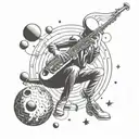 A futuristic alien saxophonist floating in zero gravity with planets as musical notes tattoo design idea