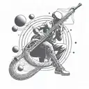 A futuristic alien saxophonist floating in zero gravity with planets as musical notes tattoo design idea