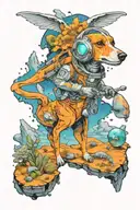 A small astronaut whippet exploring an alien planet landscape with towering crystal formations and small glowing flora tattoo design idea