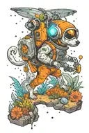 A small astronaut whippet exploring an alien planet landscape with towering crystal formations and small glowing flora tattoo design idea