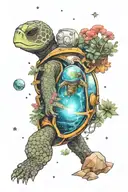 An small astronaut turtle exploring an alien planet landscape with towering crystals and small glowing flora tattoo design idea