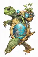 An small astronaut turtle exploring an alien planet landscape with towering crystals and small glowing flora tattoo design idea