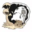 A skeleton pirate guarding a treasure chest on a tropical island tattoo design idea