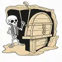 A skeleton pirate guarding a treasure chest on a tropical island tattoo design idea