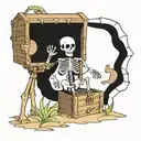 A skeleton pirate guarding a treasure chest on a tropical island tattoo design idea