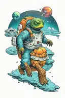 Astronaut turtle exploring a vibrant alien planet landscape with lakes and stars in the background tattoo design idea
