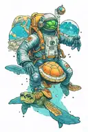Astronaut turtle exploring a vibrant alien planet landscape with lakes and stars in the background tattoo design idea