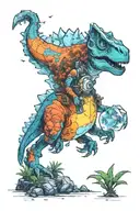 A small astronaut Dino exploring an alien planet landscape with towering crystal formations and small glowing flora tattoo design idea