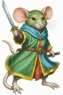 Mouse warrior dresses in a green robe wielding a fiery sword and a blue shield.  tattoo design idea