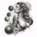 A mystical and dreamy scene of a nude woman surrounded by cosmic elements tattoo design idea