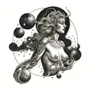 A mystical and dreamy scene of a nude woman surrounded by cosmic elements tattoo design idea