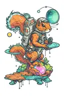 An small astronaut squirrel exploring an alien planet landscape with a neon lake, crystal and small glowing flora tattoo design idea