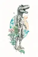 A small astronaut dinosaur exploring an alien planet landscape with towering crystal formations and small glowing flora tattoo design idea
