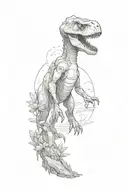 A small astronaut dinosaur exploring an alien planet landscape with towering crystal formations and small glowing flora tattoo design idea