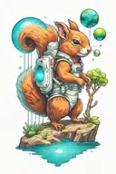 An small astronaut squirrel exploring an alien planet landscape with a neon lake, crystals and small glowing flora tattoo design idea