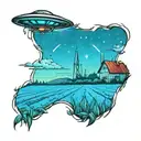 A tattoo of a UFO abduction beam shining down on a scarecrow in a farm field tattoo design idea